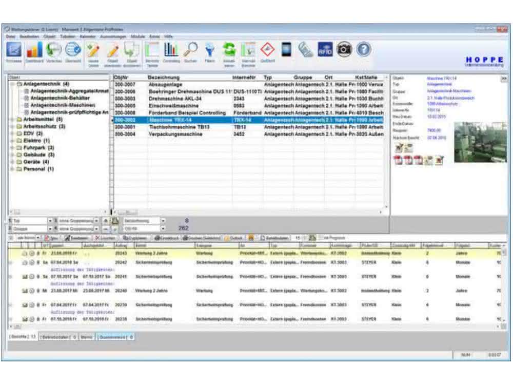 Main screen of the maintenance planner