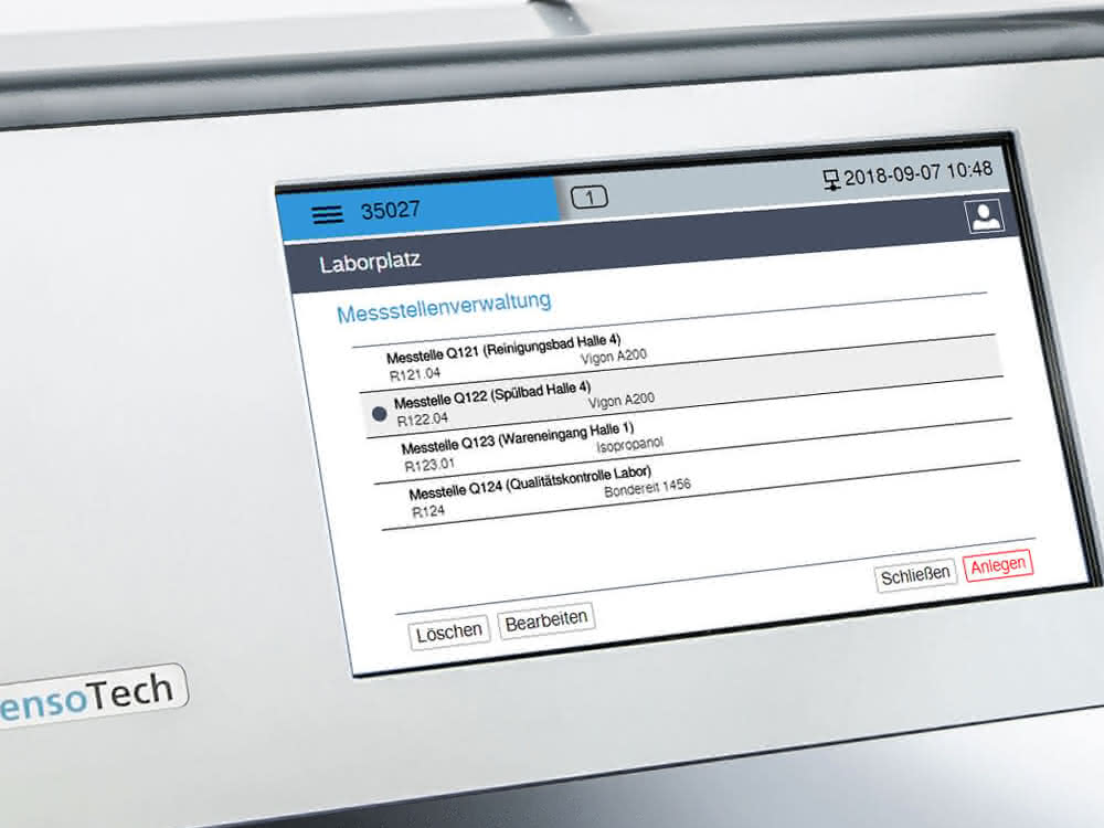 Messstellenverwaltung des transportablen Messsystems Liquisonic® Lab von Sensotech Display der Messstellenverwaltung