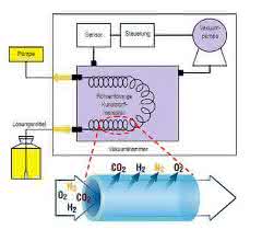 Bild 3: Schematische Darstellung eines Inline-Entgasers (Agilent Technologies) mit der Detailansicht des semipermeablen Teflon-AS-Schlauches.
