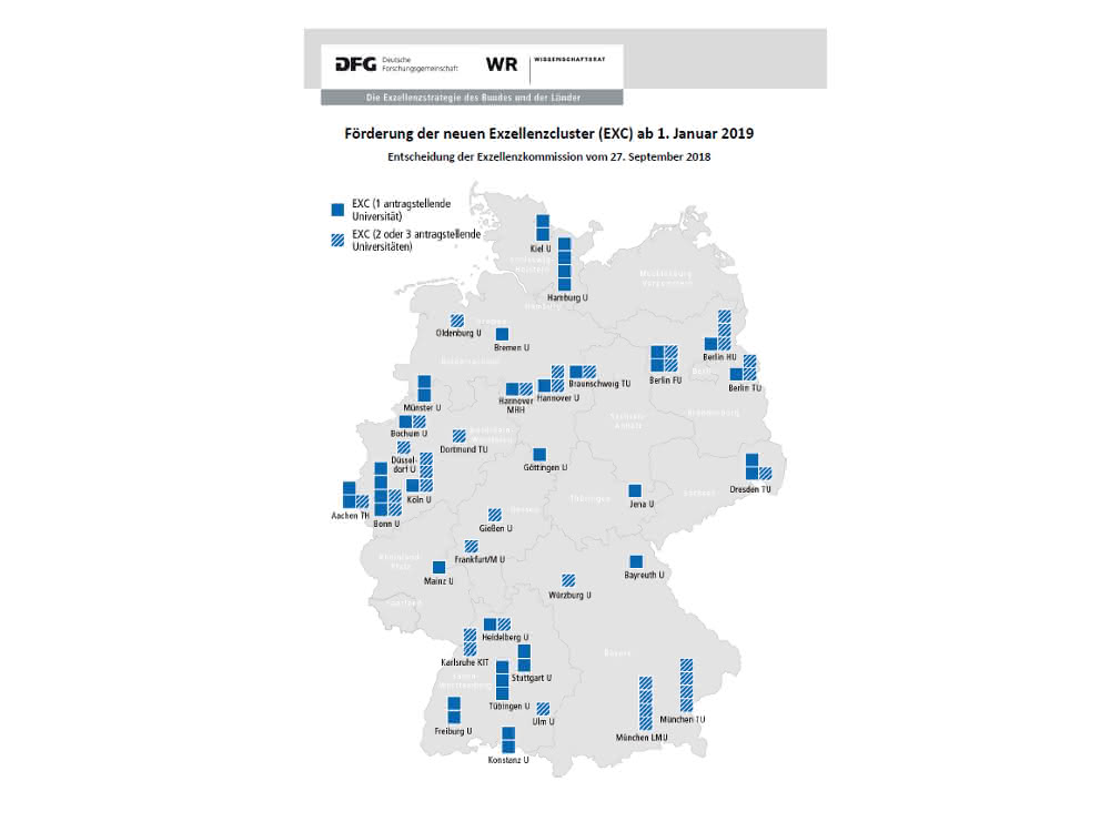Karte Förderung der neuen Exzellenzcluster ab 1. Januar 2019