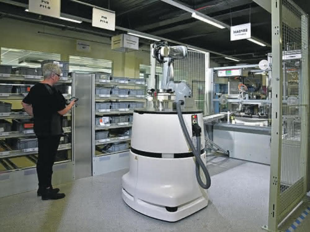 The mobile robot system navigates independently to its workstation