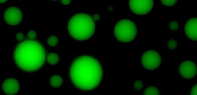 Membranfreie Mikrotröpfchen (Koazervate) unter dem Mikroskop. Die grüne Fluoreszenz dient als Nachweis für die enzymatische Aktivität der eingeschlossenen RNA. Membranfreie Mikrotröpfchen (Koazervate) unter dem Mikroskop.