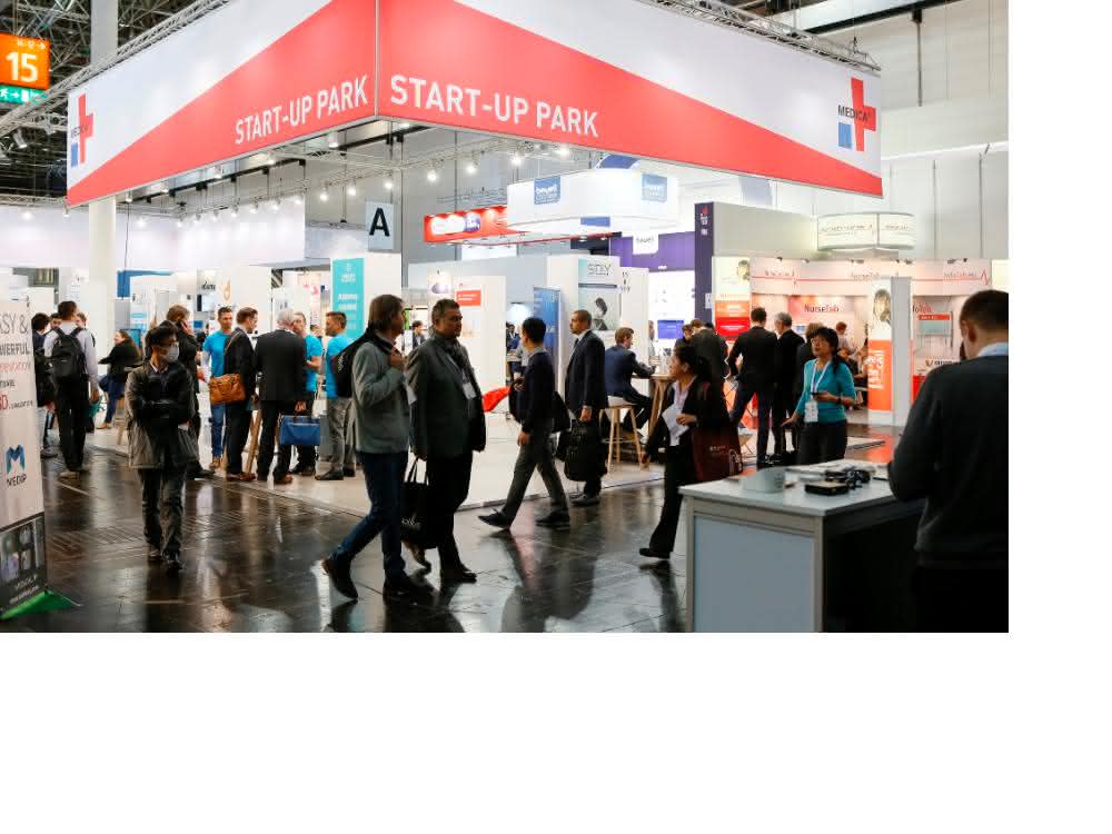 Im Medica Start-up Park können Jungunternehmen ihre Ideen einem Fachpublikum präsentieren – hier ein Eindruck von der letzten Medica.