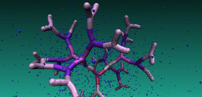 DNA-basiertes Dendrimer der fünften Generation, eingetaucht in eine Gegenionenlösung. Regelmäßige Hohlräume im Inneren dieses neuartigen Makromoleküls können als Nanoteilchen-Träger eingesetzt werden. DNA-basiertes Dendrimer der fünften Generation, eingetaucht in eine Gegenionenlösung. Regelmäßige Hohlräume im Inneren dieses neuartigen Makromoleküls können als Nanoteilchen-Träger eingesetzt werden.