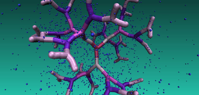 DNA-basiertes Dendrimer der fünften Generation, eingetaucht in eine Gegenionenlösung. Regelmäßige Hohlräume im Inneren dieses neuartigen Makromoleküls können als Nanoteilchen-Träger eingesetzt werden. DNA-basiertes Dendrimer der fünften Generation, eingetaucht in eine Gegenionenlösung. Regelmäßige Hohlräume im Inneren dieses neuartigen Makromoleküls können als Nanoteilchen-Träger eingesetzt werden.