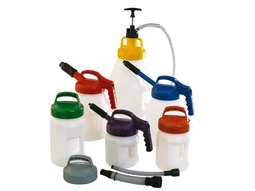 Color-coded oil cans Oil cans