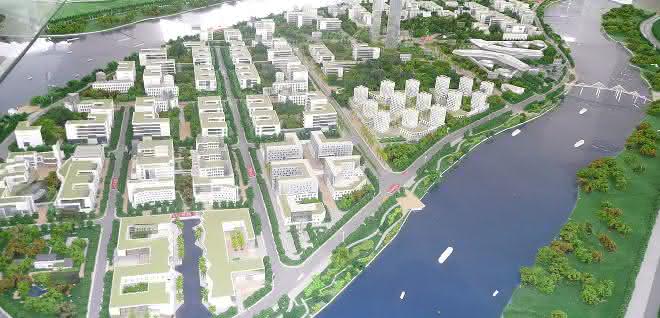 Modell aus dem Jahr 2011 des geplanten Biotech-Parks Guangzhou International Biotech Island, China.