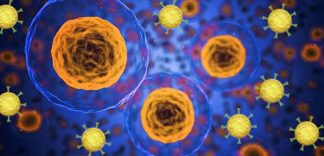 Künstlerische Darstellung von menschlichen Zellen mit Gold-Nanopartikeln Künstlerische Darstellung von menschlichen Zellen mit Gold-Nanopartikeln