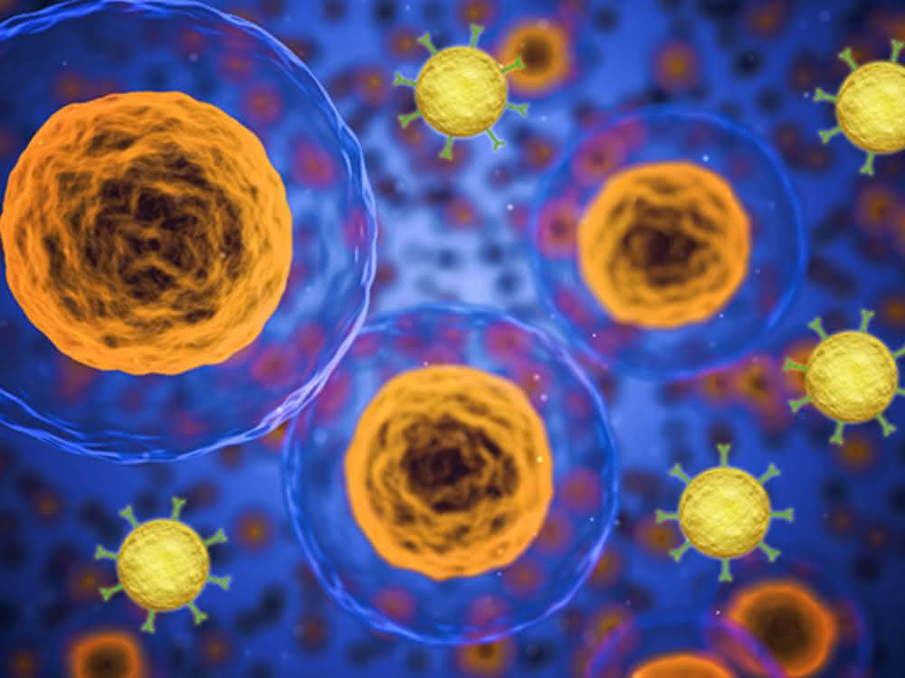 Künstlerische Darstellung von menschlichen Zellen mit Gold-Nanopartikeln