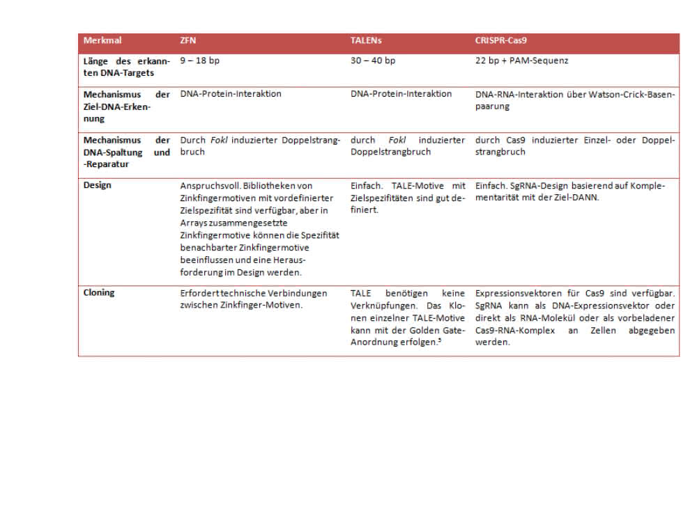 Tabelle 1. Zielspezifität, Wirkmechanismus und experimentelles Design für häufig verwendete Editier-Nukleasen.