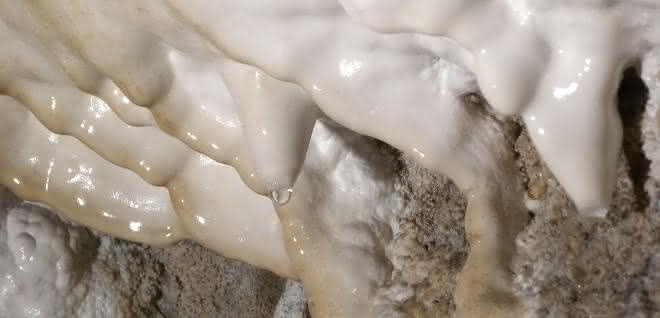 Aragonit-Vorkommen in der Obstanser Eishöhle in Tirol: Die Oberfläche dieser weißen Schicht an der Höhlenwand ist mit dem neu entdeckten mAra, einem Vorläufer des Aragonits, bedeckt. Aragonit-Vorkommen in der Obstanser Eishöhle in Tirol: Die Oberfläche dieser weißen Schicht an der Höhlenwand ist mit dem neu entdeckten mAra, einem Vorläufer des Aragonits, bedeckt.
