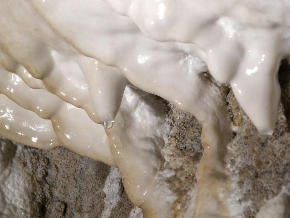 Aragonit-Vorkommen in der Obstanser Eishöhle in Tirol: Die Oberfläche dieser weißen Schicht an der Höhlenwand ist mit dem neu entdeckten mAra, einem Vorläufer des Aragonits, bedeckt.