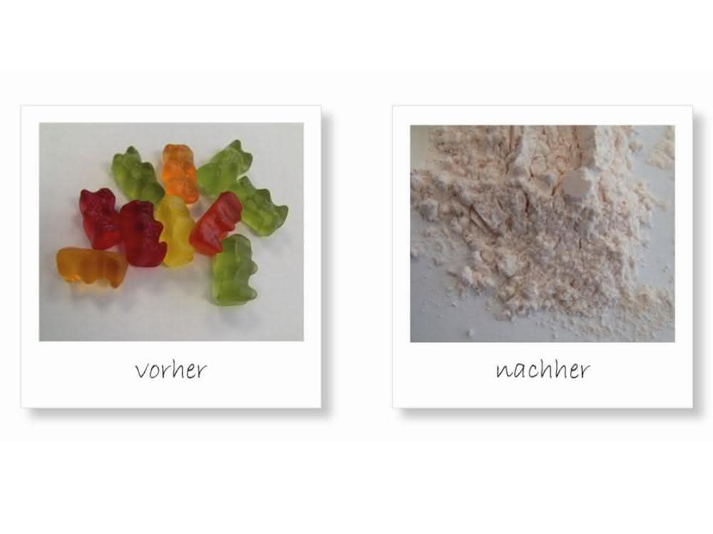 Gummibärchen vor und nach der Homogenisierung mit Trockeneis in der Grindomix GM 300.