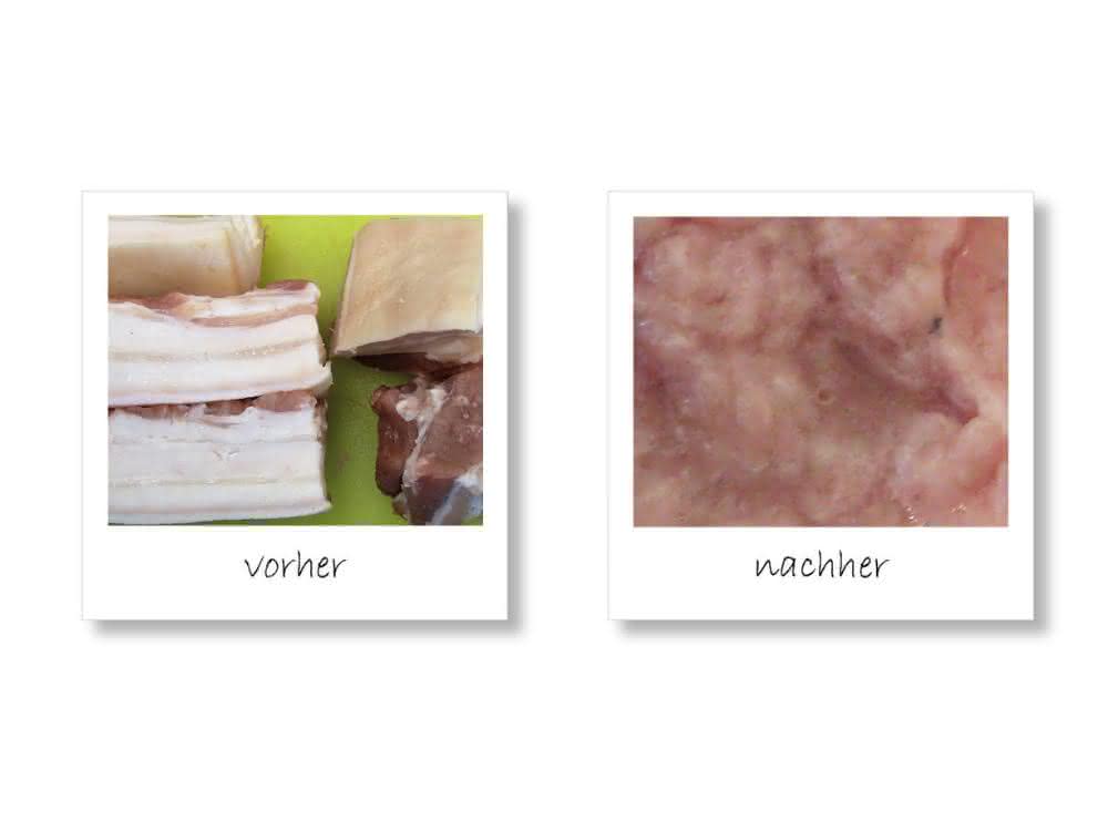 Schweinebauch vor und nach der Homogenisierung in der Grindomix GM 200.