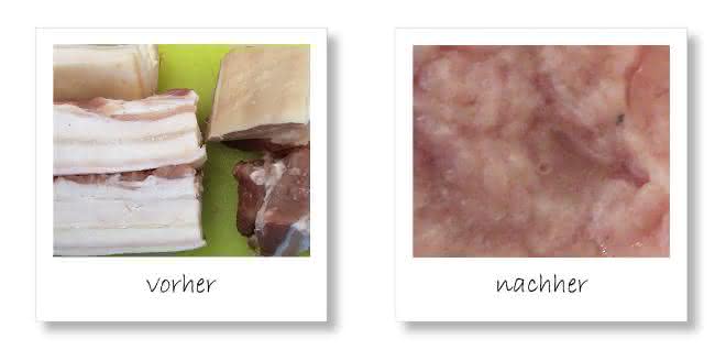 Schweinebauch vor und nach der Homogenisierung in der Grindomix GM 200.