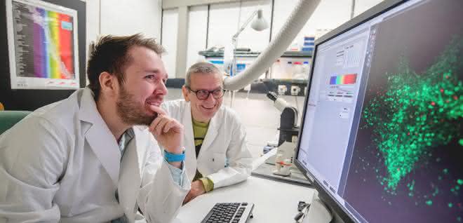 Dennis Eickelbeck (links) und Stefan Herlitze bringen Zellen zum Leuchten – mit der sogenannten Optogenetik.
