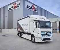 Ein Mercedes-Benz eActros, Exterieur, 2 x elektrischer Radnabenmotor, 240 kW, 2 x 485 Nm, Radformel 6x2, M-Fahrerhaus. Ein Mercedes-Benz eActros, Exterieur, 2 x elektrischer Radnabenmotor, 240 kW, 2 x 485 Nm, Radformel 6x2, M-Fahrerhaus.