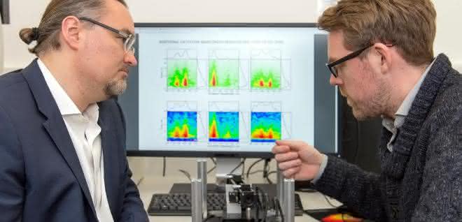 Prof. Dr. Juergen Hauer (li) und Erstautor Erling Thyrhaug mit ihrem Messinstrument. Im Hintergrund Spektren, die damit aufgenommen wurden. Prof. Dr. Juergen Hauer (li) und Erstautor Erling Thyrhaug mit ihrem Messinstrument. Im Hintergrund Spektren, die damit aufgenommen wurden.