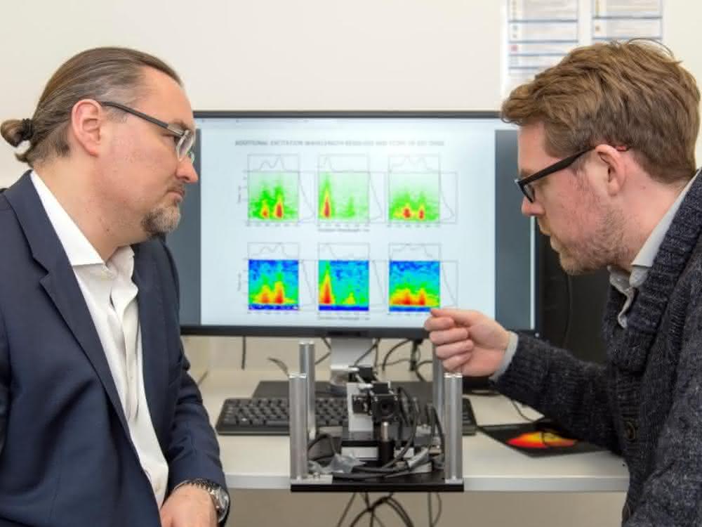 Prof. Dr. Juergen Hauer (li) und Erstautor Erling Thyrhaug mit ihrem Messinstrument. Im Hintergrund Spektren, die damit aufgenommen wurden. Prof. Dr. Juergen Hauer (li) und Erstautor Erling Thyrhaug mit ihrem Messinstrument. Im Hintergrund Spektren, die damit aufgenommen wurden.