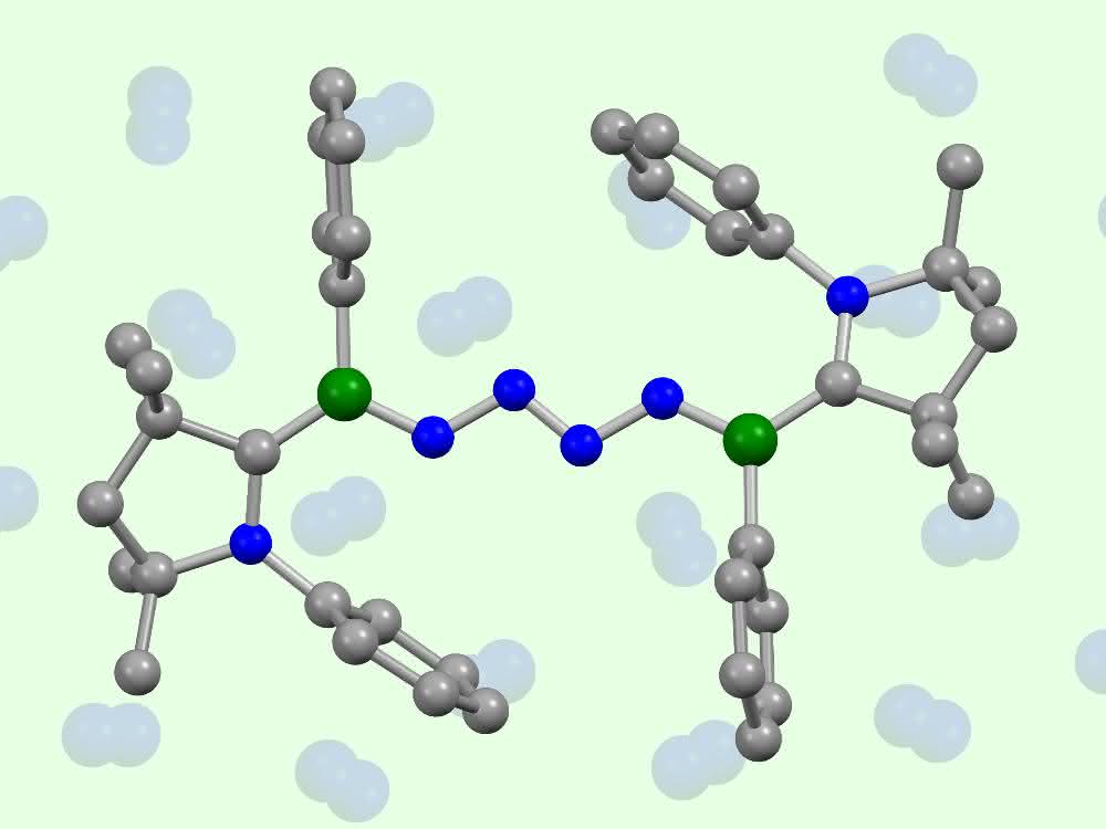 Erstmals wurden zwei Moleküle Luftstickstoff (blau, Mitte) direkt miteinander gekoppelt - von Chemikern aus Würzburg und Frankfurt. Modell gekoppelte Stickstoffmoleküle