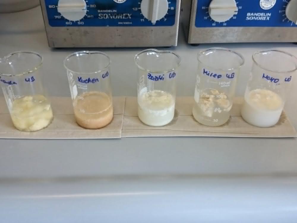 Bild 2a: Ergebnis der Probenvorbereitung im Ultraschallbad 15 min, 30 °C (oben); von links nach rechts: Käse (Gouda), Kuchen, Tzaziki, Frischkäse, Mayonnaise.