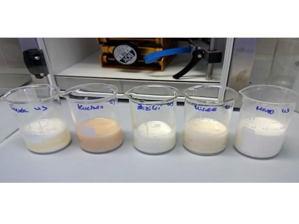 Bild 2b: Ergebnis der Behandlung mit dem Ultraschallhomogenisator (45 s bis 2 min); von links nach rechts: Käse (Gouda), Kuchen, Tzaziki, Frischkäse, Mayonnaise.