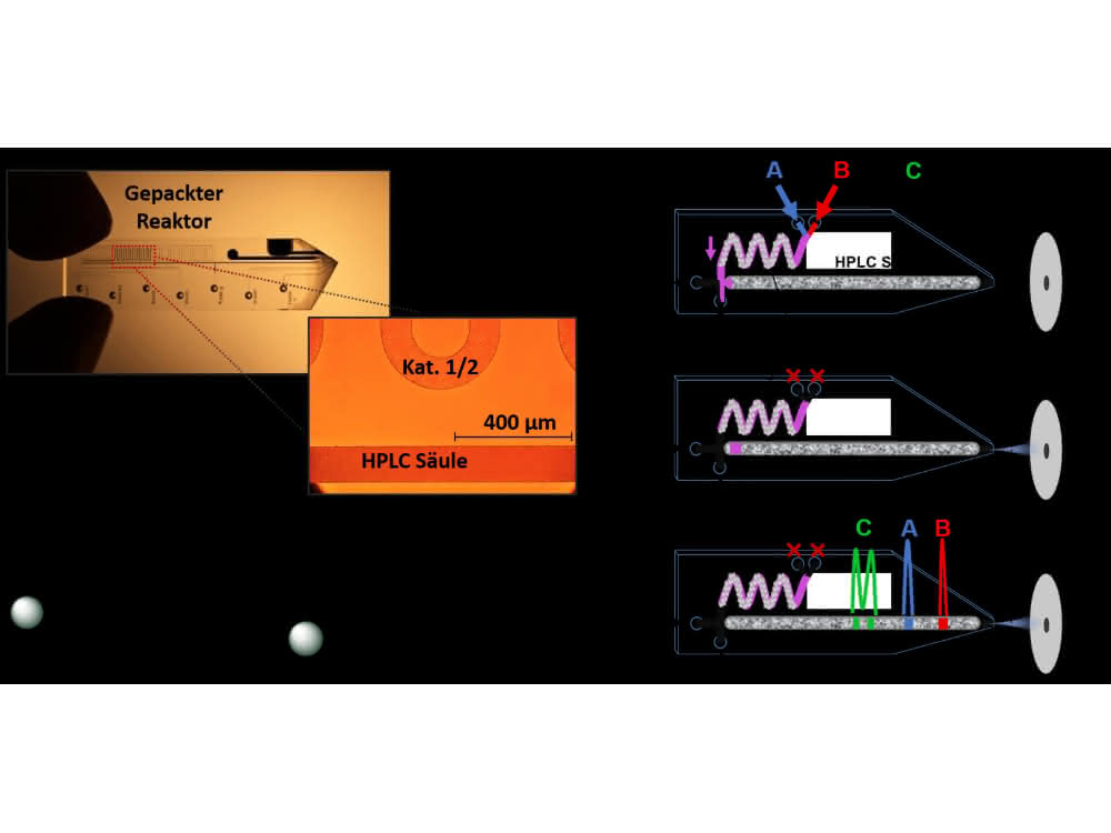 Bild 2: Miniaturisiertes Labor auf einem Chip (oben im Foto) mit integrierter ESI-Emitterspitze und zwei gepackten Säulen (gepacktes Reaktorbett und 35 mm HPLC-Säule). Rechts: Die Funktionsweise der Kombination aus Mikrosynthese und HPLC/MS-Analyse.