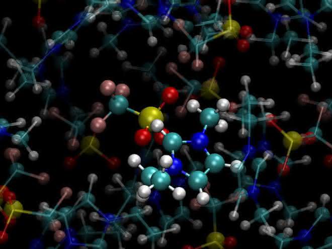 Ausschnitt aus einer MD-Simulation von ionischen Flüssigkeiten. Ausschnitt aus einer MD-Simulation von ionischen Flüssigkeiten.