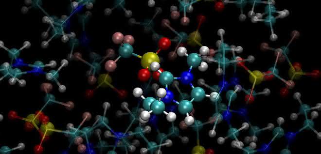 Ausschnitt aus einer MD-Simulation von ionischen Flüssigkeiten. Ausschnitt aus einer MD-Simulation von ionischen Flüssigkeiten.