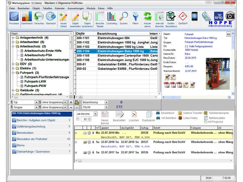 Screenshot aus dem Wartungsplaner-Programm