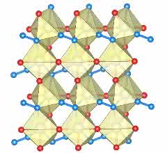 Die Struktur des Rhenium-Nitrid-Pernitrids, die einzelne Stickstoffatome (rot) und die Stickstoffhanteln N-N (blau) enthält. Größere Kugeln zeigen Rhenium Atome. Die Struktur des Rhenium-Nitrid-Pernitrids.