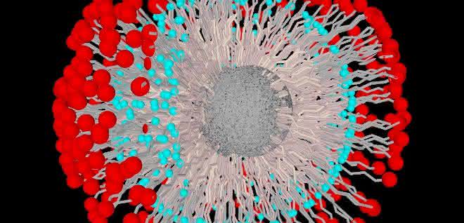 Dreidimensionale Graphik eines zweifach funktionalisierten Al2O3 Nanopartikels. Dreidimensionale Graphik eines zweifach funktionalisierten Al2O3 Nanopartikels.