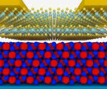 Schematische Skizze des neuen Transistors: In rot-blau: der Isolator, darüber der Halbleiter. Schematische Skizze des neuen Transistors: In rot-blau: der Isolator, darüber der Halbleiter.