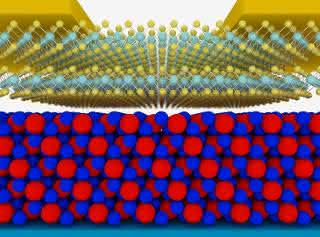Schematische Skizze des neuen Transistors: In rot-blau: der Isolator, darüber der Halbleiter. Schematische Skizze des neuen Transistors: In rot-blau: der Isolator, darüber der Halbleiter.