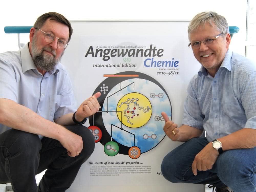 Sergey Verevkin (l.) und Ralf Ludwig untersuchen Dispersionskräfte in ionischen Flüssigkeiten. Sergey Verevkin (l.) und Ralf Ludwig untersuchen Dispersionskräfte in ionischen Flüssigkeiten.