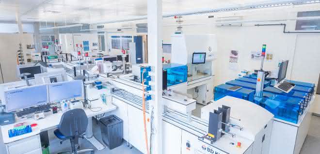 Bild 1: Anlage TLA: SorterA und BarcodA (rechts), InoculA mit Sterilbank (Mitte), ProceedA (Vordergrund) und Verarbeitungsplätze (Workstations) (links), ReadA Compacts (Hintergrund links). Bild 1: Anlage im mikrobiologischen Labor