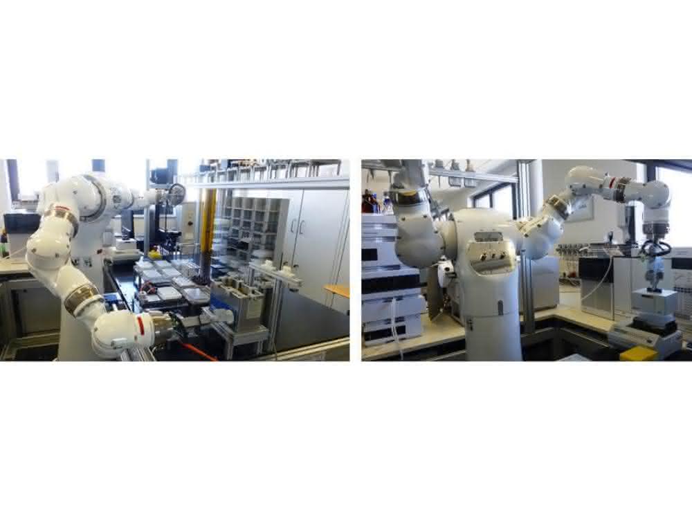 Bild 3: Zweiarm-Roboter bei der Ausführung von menschenähnlichen Prozessen. Links: Anschalten eines Ultraschallbades mittels Drehknopf; rechts: Abheben der Haube eines Thermoschüttlers.