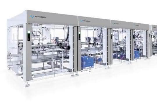Die TLM-Anlage verpackt die Fläschchen in Kartonboxen Die TLM-Anlage verpackt die Fläschchen in Kartonboxen
