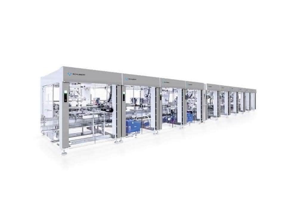 Die TLM-Anlage verpackt die Fläschchen in Kartonboxen Die TLM-Anlage verpackt die Fläschchen in Kartonboxen