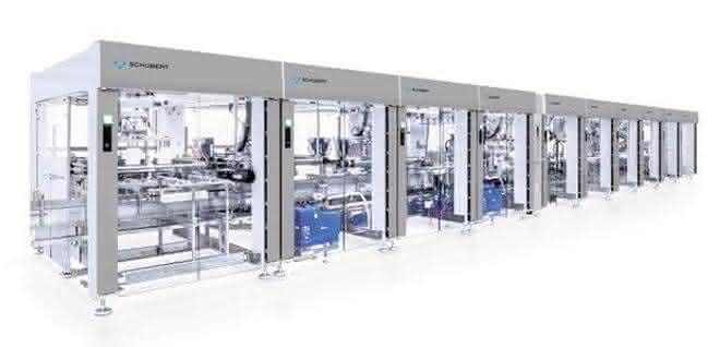 Die TLM-Anlage verpackt die Fläschchen in Kartonboxen Die TLM-Anlage verpackt die Fläschchen in Kartonboxen