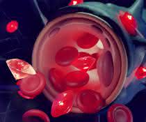 Mit Albumin beschichtete Nanodiamanten können die Blut-Hirn-Schranke überwinden. Sie könnten gezielt für Diagnose- und Therapiezwecke im Gehirn verwendet werden. Graphische Darstellung von Blutkörperchen und Nanodiamanten
