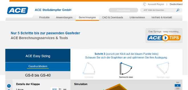 Online-Berechnungsprogramm für Gasfedern der ACE Stoßdämpfer GmbH