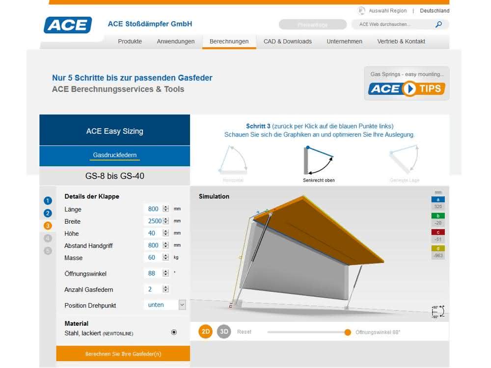 Online-Berechnungsprogramm für Gasfedern der ACE Stoßdämpfer GmbH