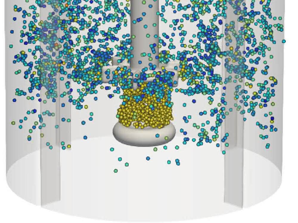 Beispielhafte Auswertung der Simulation eines begasten und gerührten Reaktors. Die Farben signalisieren die Größe der Luftblasen (gelb: groß, blau: klein)