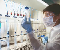 Labormitarbeiterin bei Aufreinigung von Zielproteinen durch Filtrationen