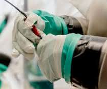 Hydrogenasen sind sehr empfindlich gegenüber Sauerstoff, daher müssen die Experimente mit ihnen in einer abgeschotteten Umgebung stattfinden. Blick in eine Workstation, in der ein Labormitarbeiter mit Handschuhen durch zwei Eingriffbereiche hindurch hantiert.