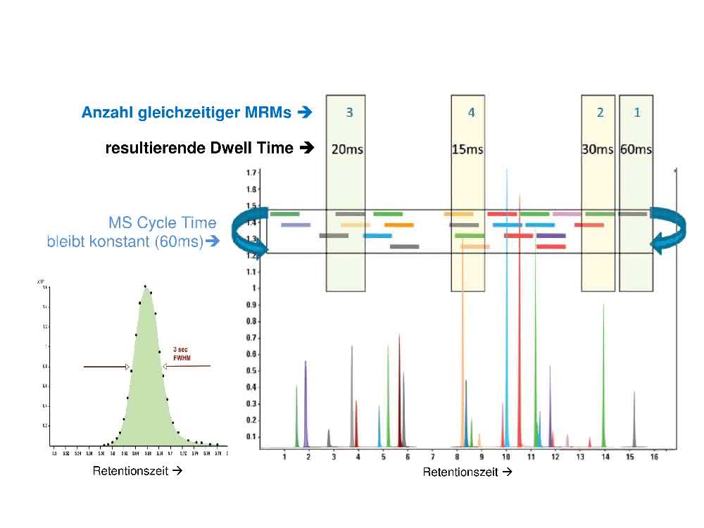 Bild 1: Verteilung der MS-Messzeiten mittels „Dynamic MRM“ zur Optimierung von Sensitivität und Peakform. Spektren und Grafik