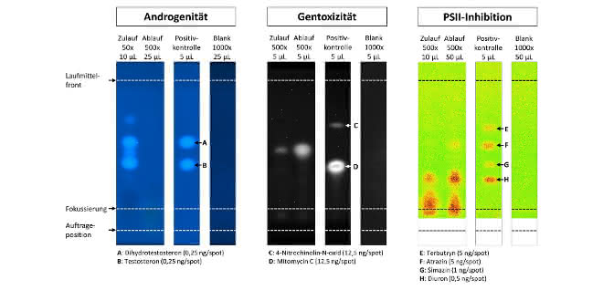 Mit spezifischen Tests gekoppelte Dünnschichtchromatogramme zur Prüfung auf Andrgogenität, Gentoxizität und PSII-Inhibition