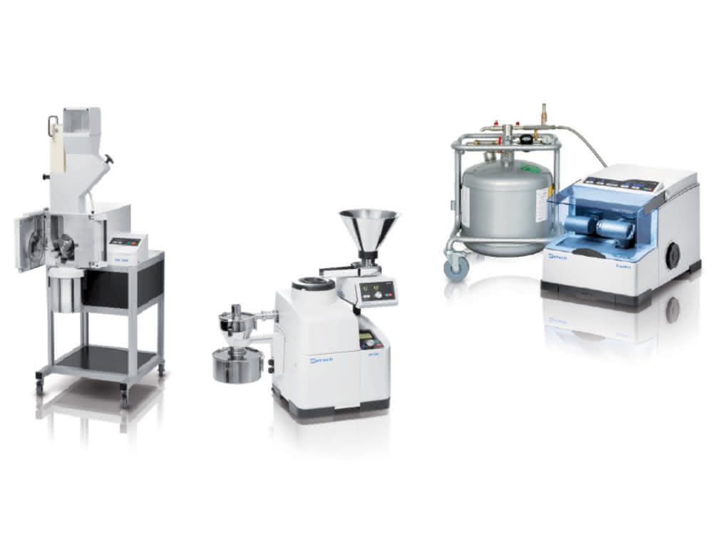 Schneidmühle SM 300 (links), Ultra-Zentrifugalmühle ZM 200 (Mitte) und die CryoMill mit Flüssigstickstofftank (rechts). Fotos von Schneidmühle SM 300, Ultra-Zentrifugalmühle ZM 200 und CryoMill mit Flüssigstickstofftank.