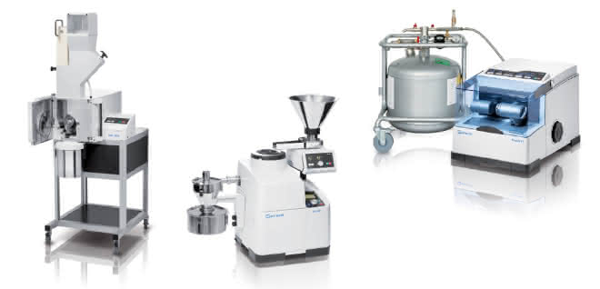 Schneidmühle SM 300 (links), Ultra-Zentrifugalmühle ZM 200 (Mitte) und die CryoMill mit Flüssigstickstofftank (rechts). Fotos von Schneidmühle SM 300, Ultra-Zentrifugalmühle ZM 200 und CryoMill mit Flüssigstickstofftank.